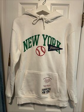 New York Graphic Hoodie with Baseball Patch - White